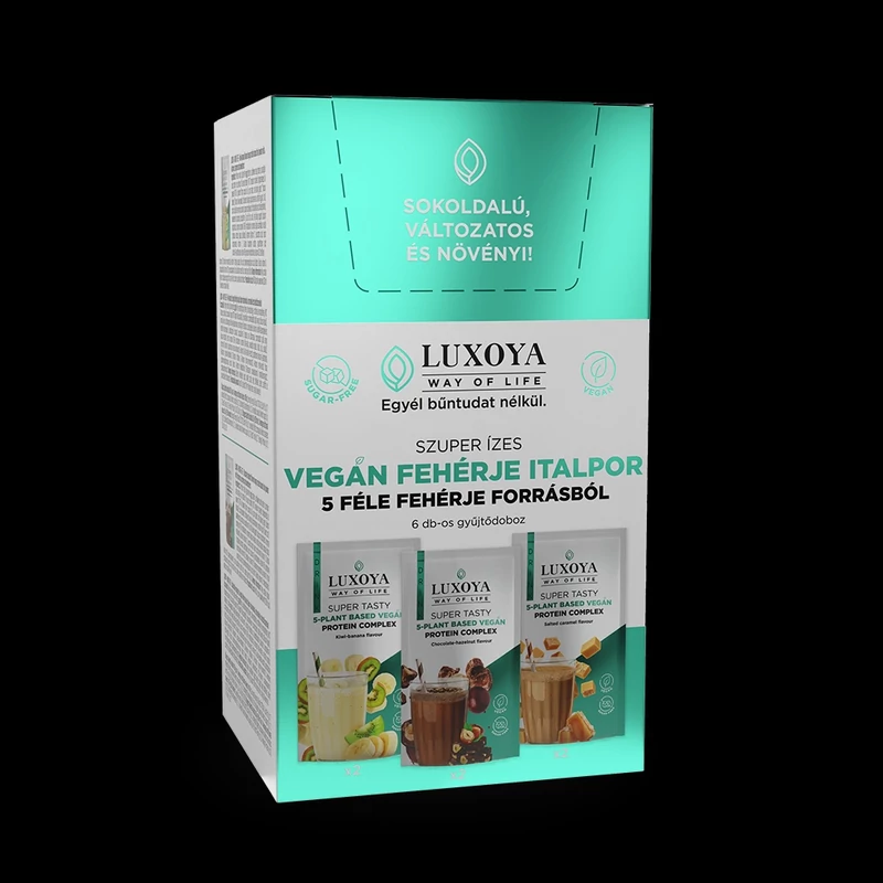 SUPER TASTY 5-PLANT BASED VEGAN PROTEIN COMPLEX - 5 FÉLE NÖVÉNYI FEHÉRJEFORRÁST TARTALMAZÓ VEGÁN FEHÉRJE ITALPOR Gyűjtődoboz 6x30 g (2x3 íz)