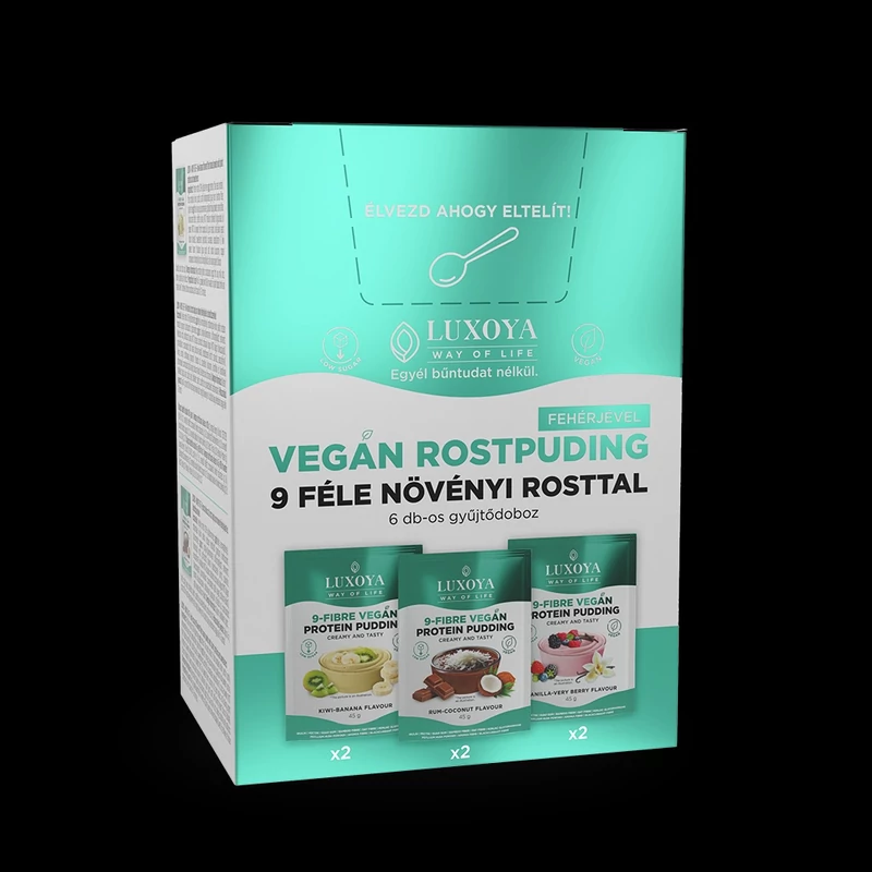 9-FIBRE VEGAN PROTEIN PUDDING - VEGÁN FEHÉRJÉT TARTALMAZÓ ROSTPUDING 9 FÉLE NÖVÉNYI ROSTTAL - Gyűjtődoboz 6x45 g (2x3 íz)