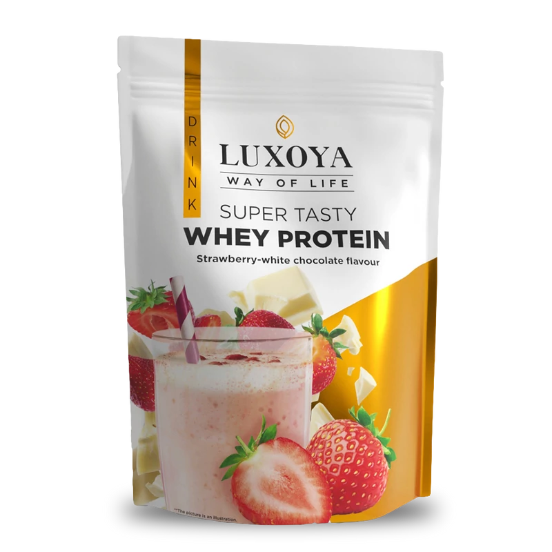 Whey Protein - Tejsavó fehérje italpor 450g DOY - Eper-Fehér csokoládé ízű Liofilizált eper darabokkal