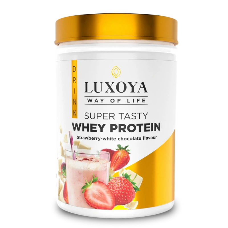 Whey Protein - Tejsavó fehérje italpor 450g PET - Eper-Fehér csokoládé ízű Liofilizált eper darabokkal